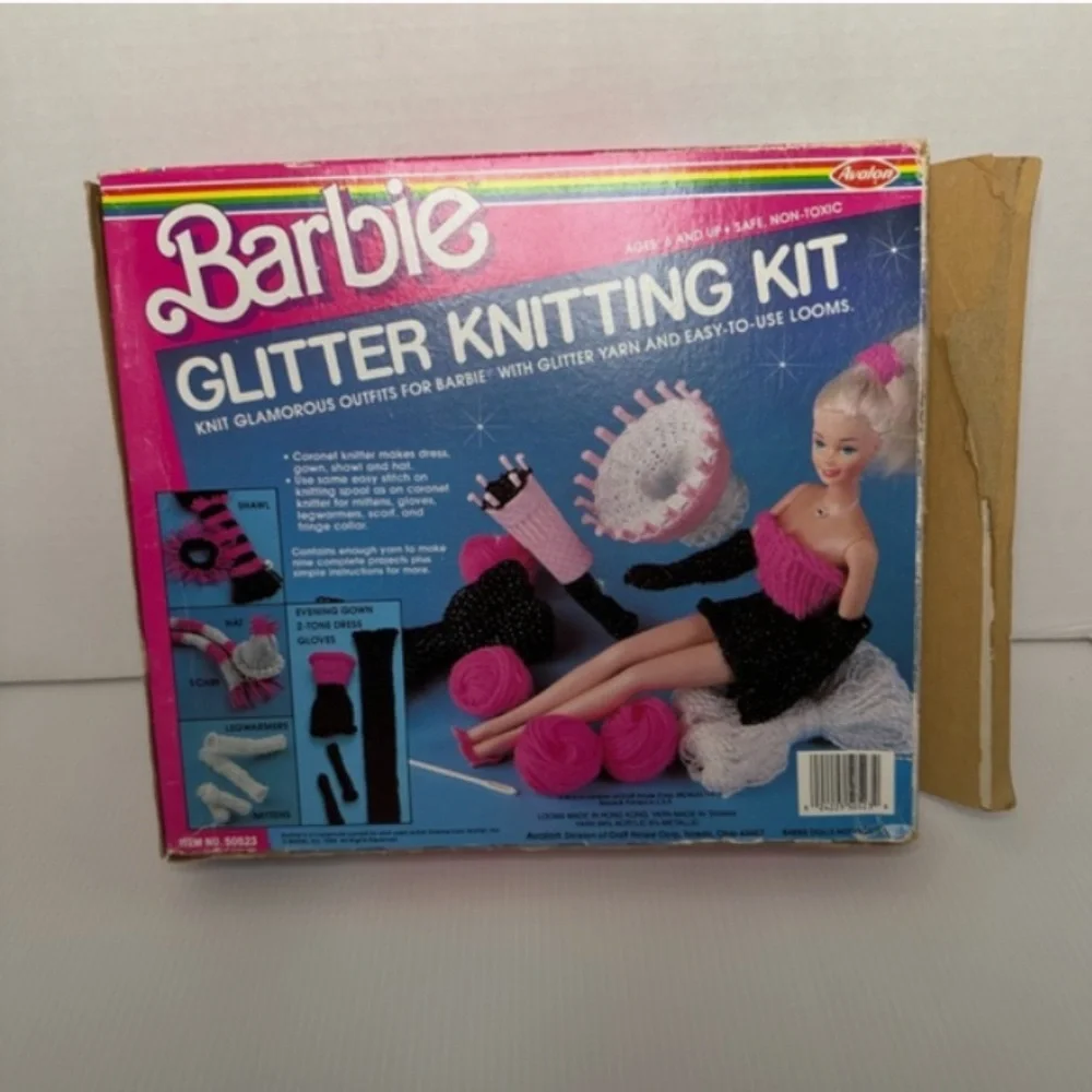 Vtg 1986 Barbie Glitter Knitting Kit Make Doll Clothes with Instructions Girls